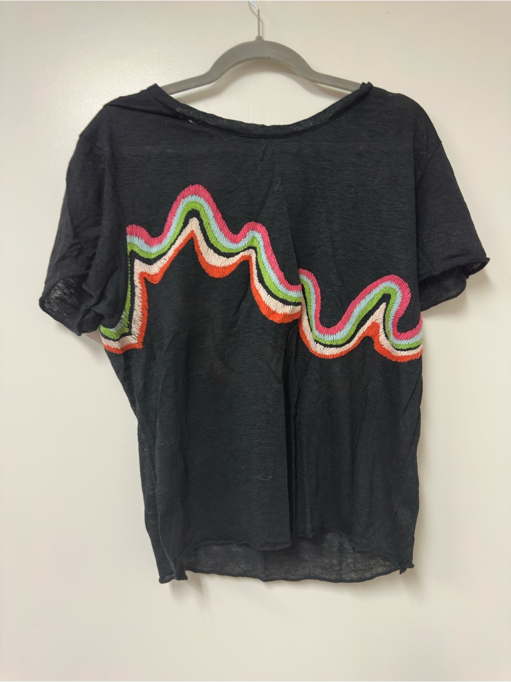Anthropologie Black Short Sleeve Tee with Pink, Green, Orange & Cream Wave Trim